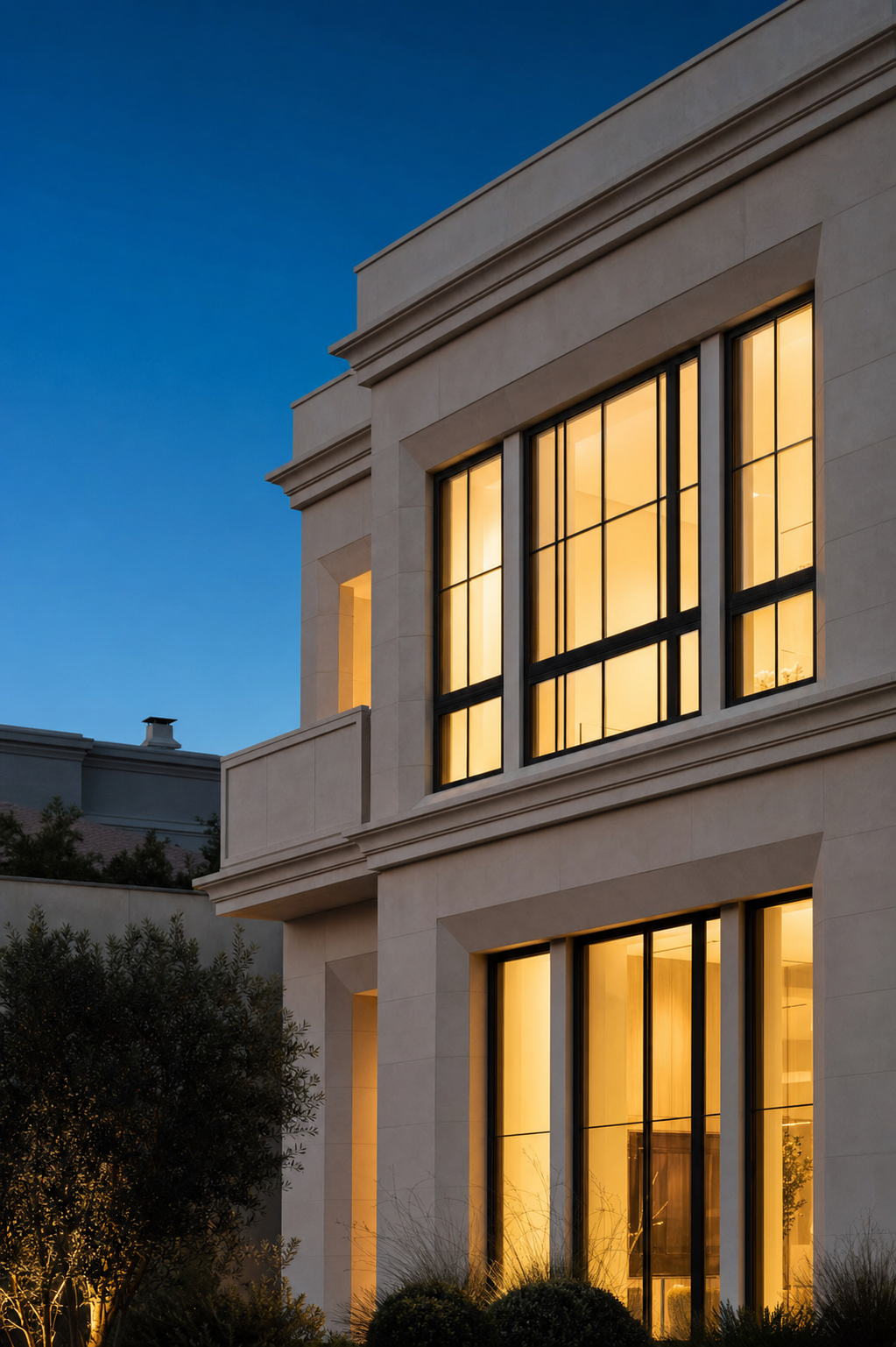 A residential exterior at evening